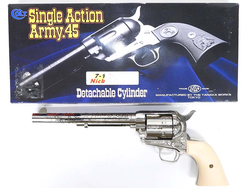 [タナカ] コルト SAA.45 キャバルリー ニッケルフィニッシュ デタッチャブルシリンダー 彫刻_グリップカスタム品 (中古)